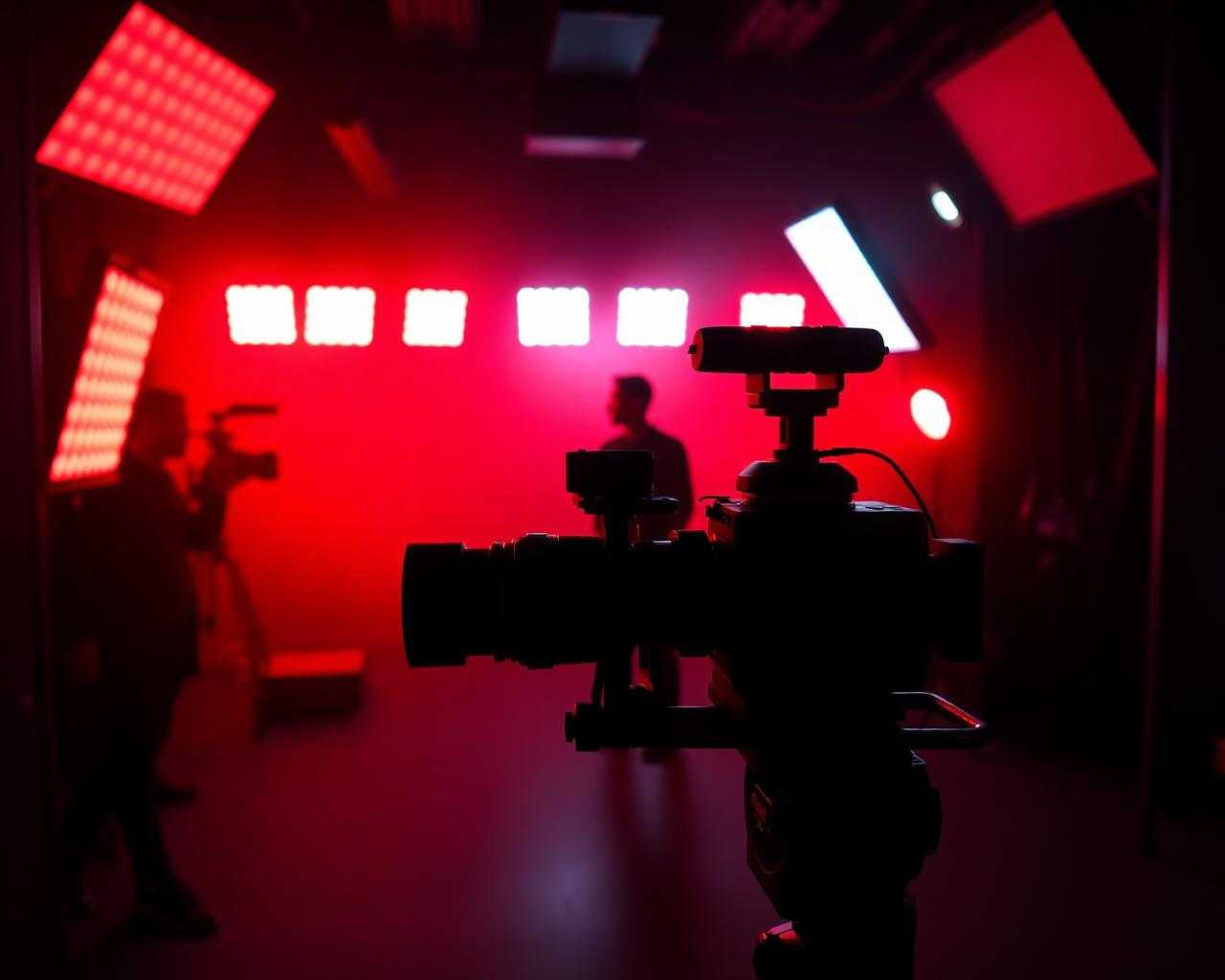Câmera de cinema em set de gravação com iluminação verde